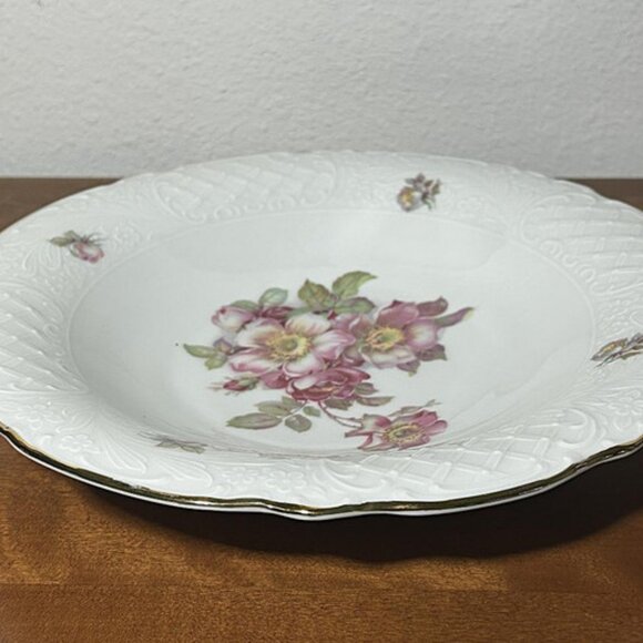 Vintage Schumann Arzberg Wild Rose Serving Dish Shallow Bowl Gold Gilded Edge - Picture 2 of 5